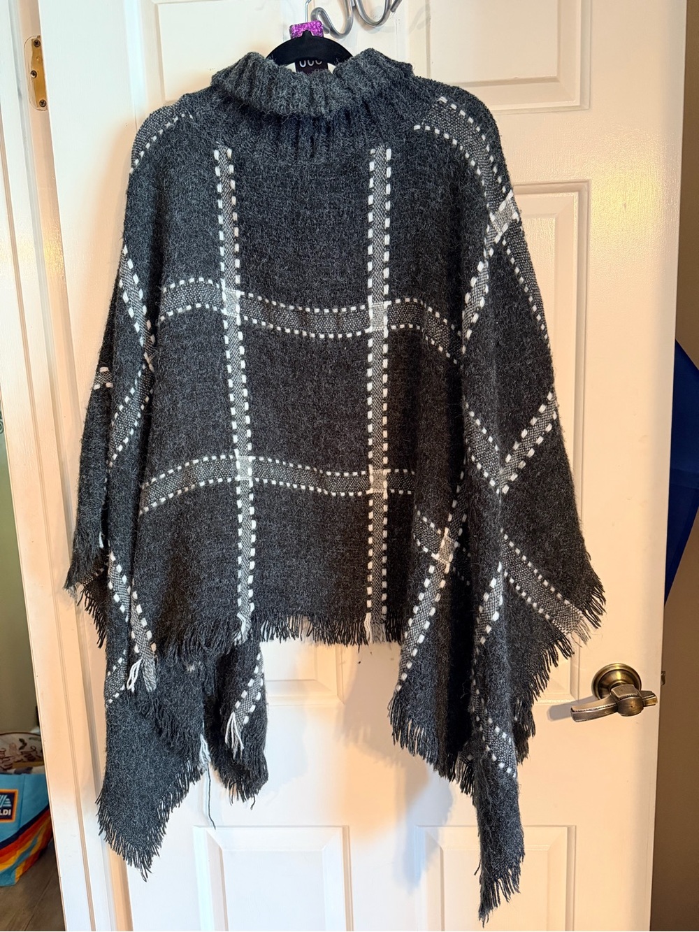 Women’s Charcoal Plaid Turtleneck Poncho Sweater - Picture 6 of 6